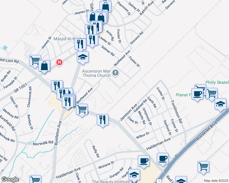 map of restaurants, bars, coffee shops, grocery stores, and more near 10166 Dedaker Drive in Philadelphia