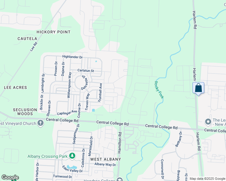 map of restaurants, bars, coffee shops, grocery stores, and more near 6227 Upper Albany Crossing Drive in Westerville