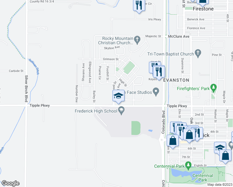 map of restaurants, bars, coffee shops, grocery stores, and more near 7153 Orchard Avenue in Longmont