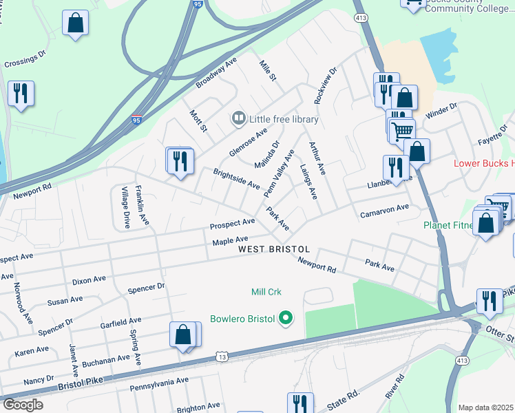 map of restaurants, bars, coffee shops, grocery stores, and more near 2905 Penn Valley Avenue in Bristol