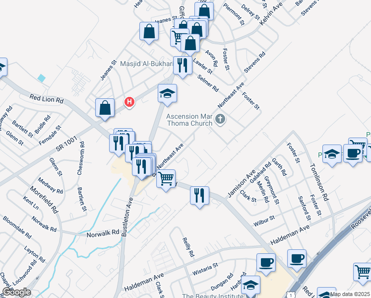 map of restaurants, bars, coffee shops, grocery stores, and more near 10103 Northeast Avenue in Philadelphia