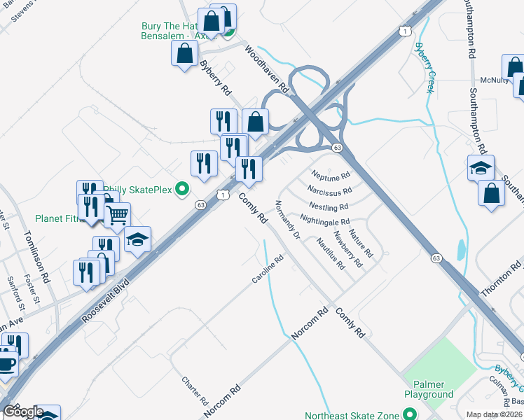 map of restaurants, bars, coffee shops, grocery stores, and more near 2747 Comly Road in Philadelphia