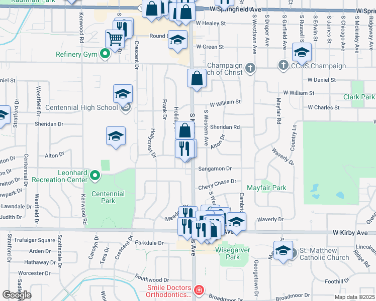 map of restaurants, bars, coffee shops, grocery stores, and more near 1110 South Mattis Avenue in Champaign