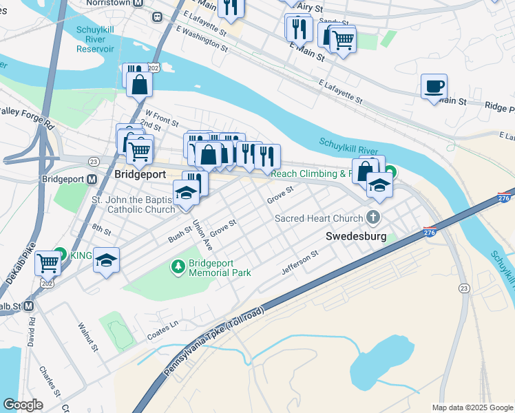 map of restaurants, bars, coffee shops, grocery stores, and more near in Norristown