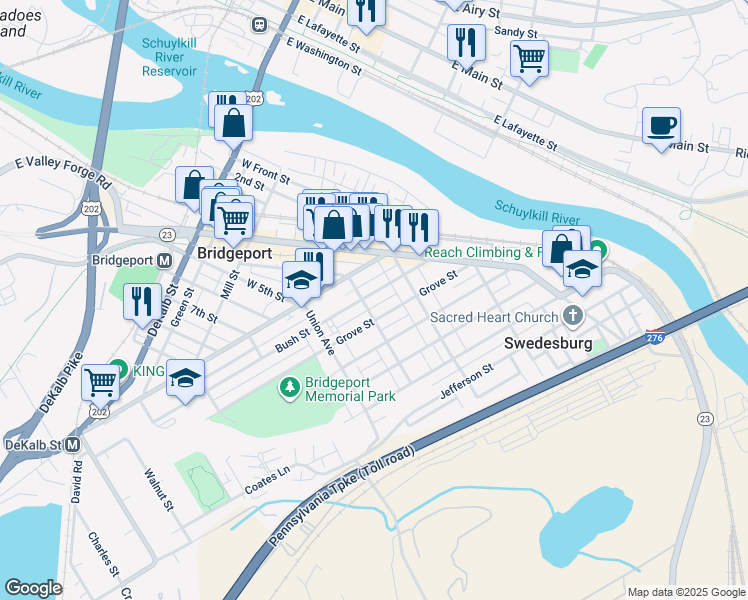 map of restaurants, bars, coffee shops, grocery stores, and more near 446 Bush Street in Bridgeport
