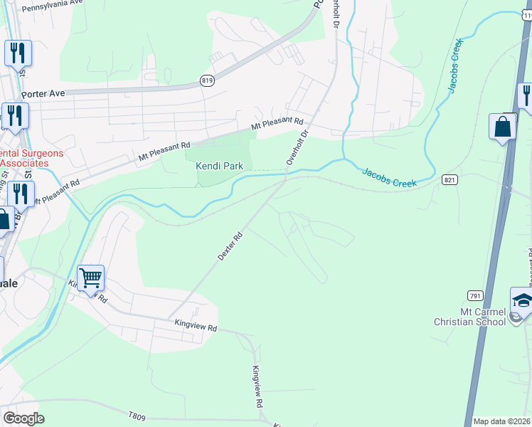 map of restaurants, bars, coffee shops, grocery stores, and more near 602 Dexter Road in Scottdale