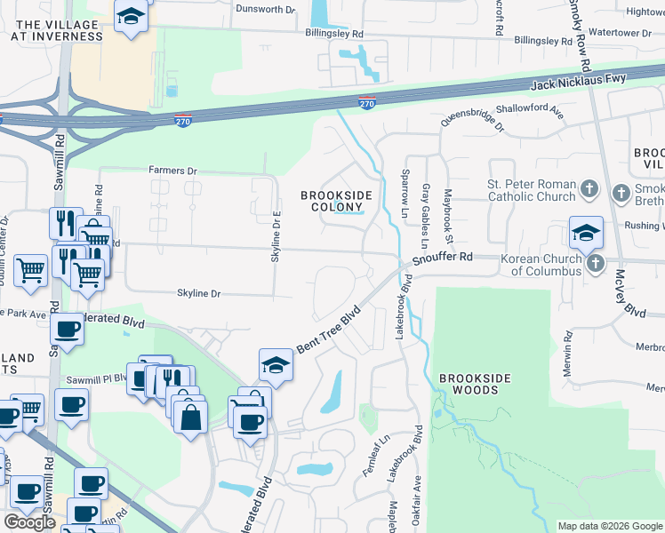 map of restaurants, bars, coffee shops, grocery stores, and more near 2130 Bentwood Circle in Columbus