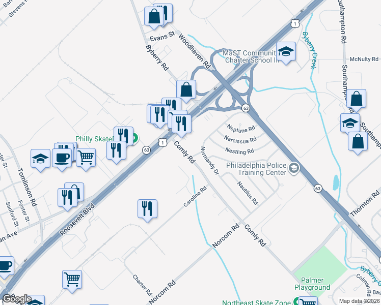 map of restaurants, bars, coffee shops, grocery stores, and more near 2747 Comly Road in Philadelphia