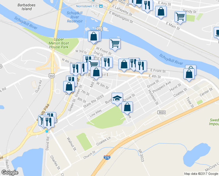map of restaurants, bars, coffee shops, grocery stores, and more near 33 West 5th Street in Bridgeport