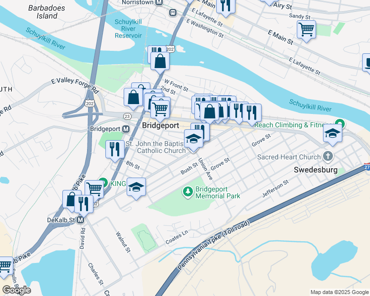 map of restaurants, bars, coffee shops, grocery stores, and more near 33 West 5th Street in Bridgeport