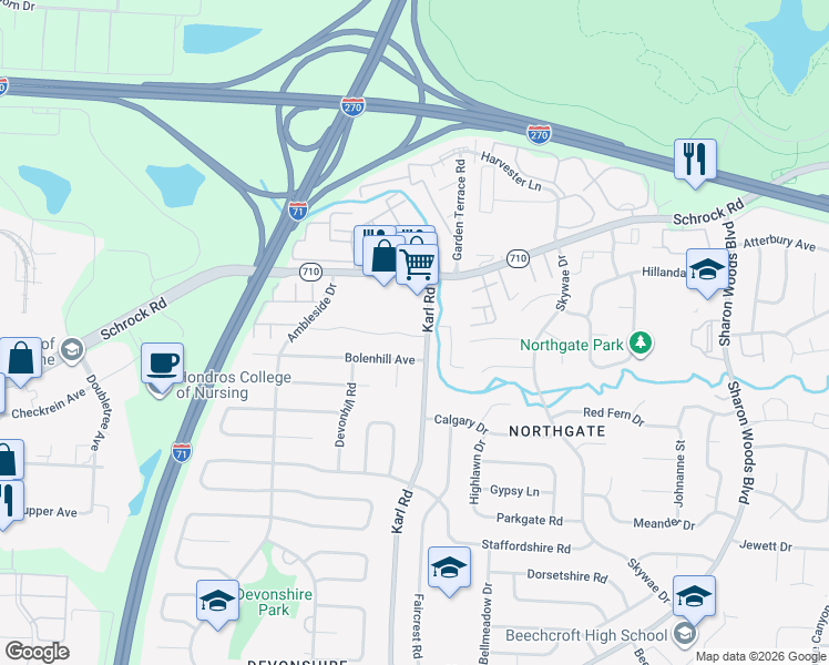 map of restaurants, bars, coffee shops, grocery stores, and more near 1544 Barnes Drive East in Columbus