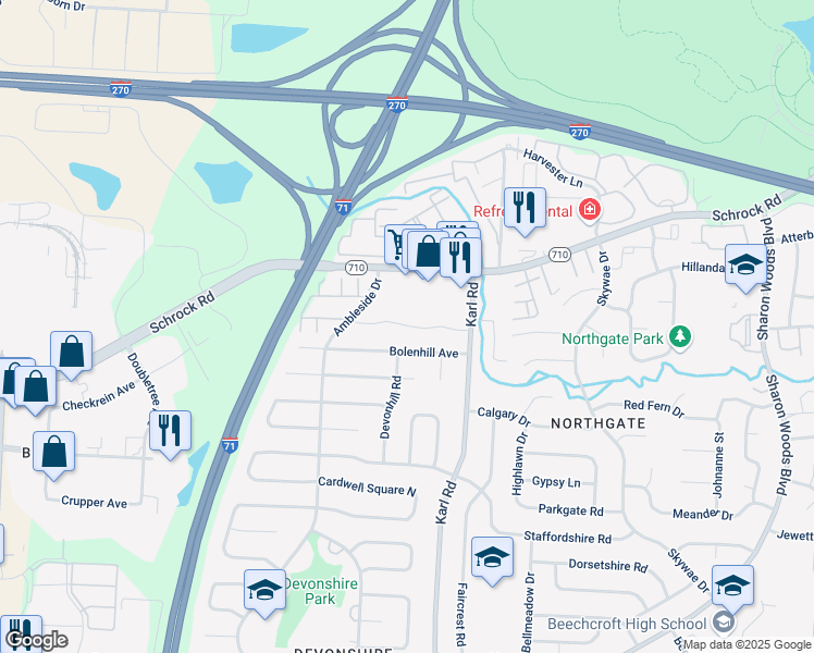 map of restaurants, bars, coffee shops, grocery stores, and more near 1454 Barnes Drive East in Columbus