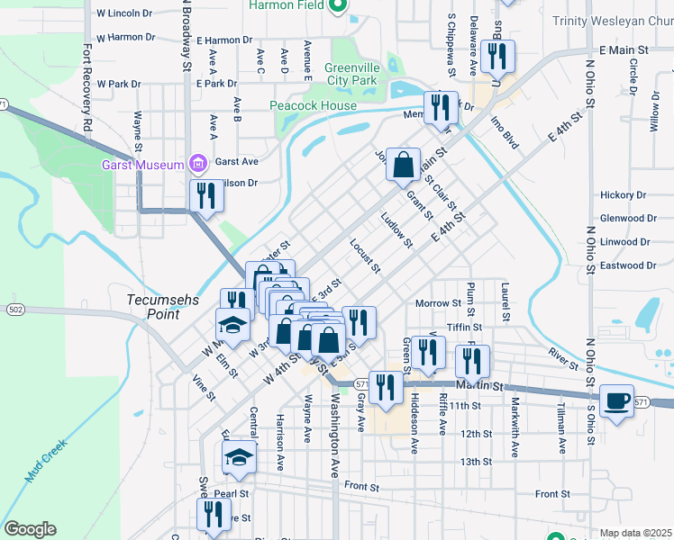 map of restaurants, bars, coffee shops, grocery stores, and more near 307 East Main Street in Greenville