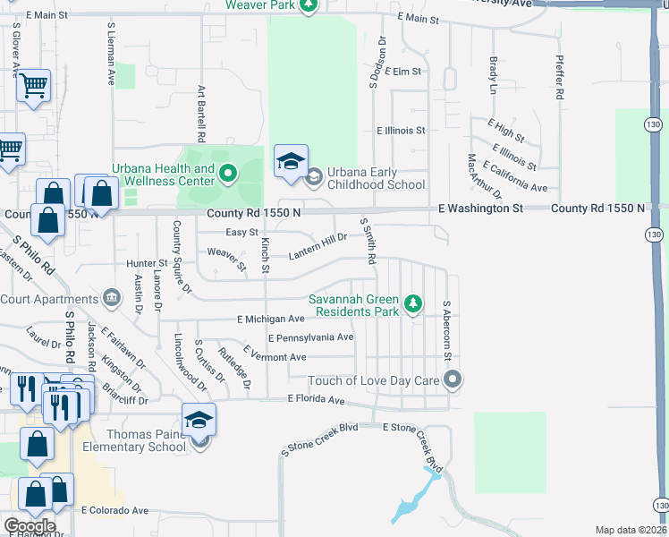 map of restaurants, bars, coffee shops, grocery stores, and more near 2306 Rainbow View in Urbana
