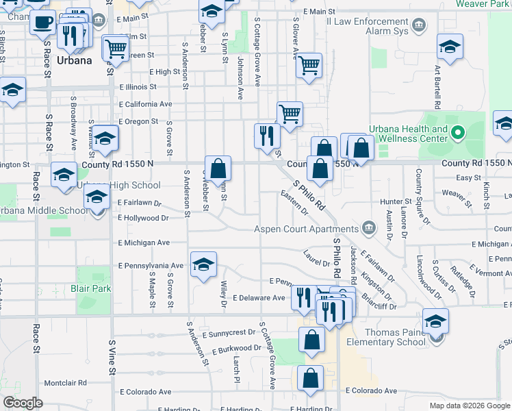 map of restaurants, bars, coffee shops, grocery stores, and more near 1012 South Cottage Grove Avenue in Urbana