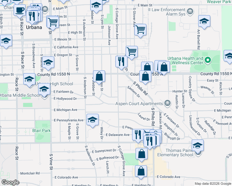 map of restaurants, bars, coffee shops, grocery stores, and more near 1012 South Cottage Grove Avenue in Urbana