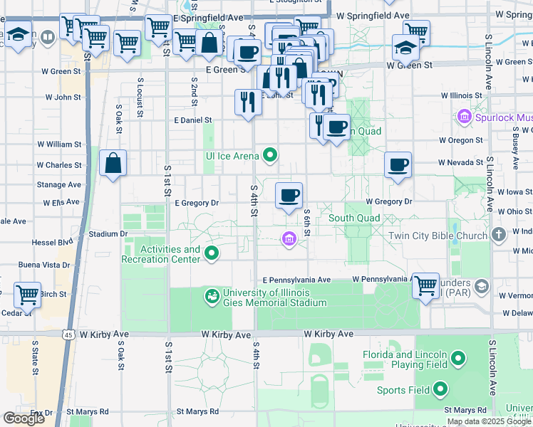 map of restaurants, bars, coffee shops, grocery stores, and more near in Champaign