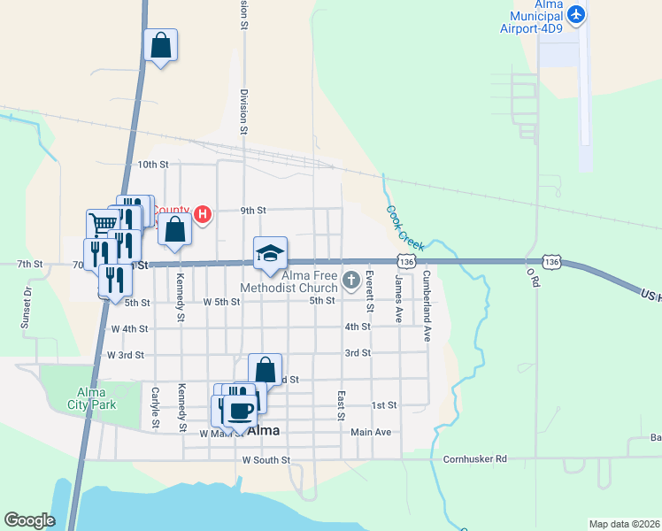 map of restaurants, bars, coffee shops, grocery stores, and more near 601-799 East St in Alma