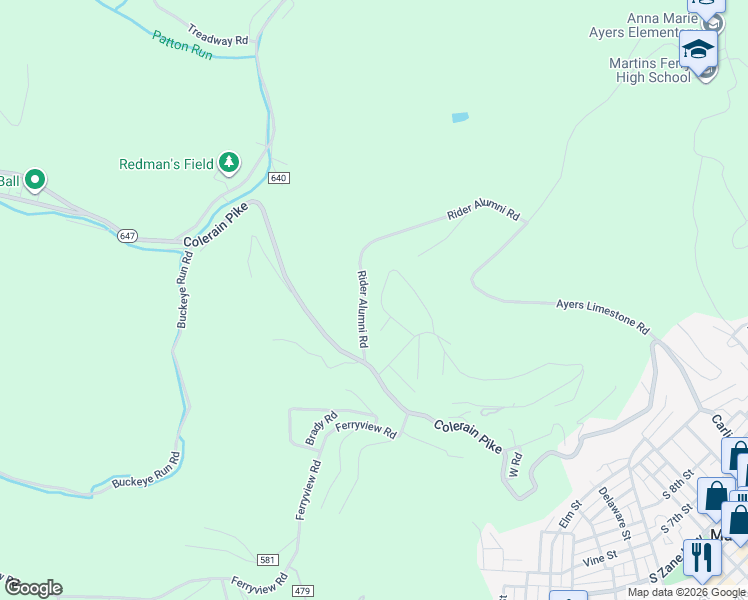 map of restaurants, bars, coffee shops, grocery stores, and more near 24 Sunset Drive in Martins Ferry