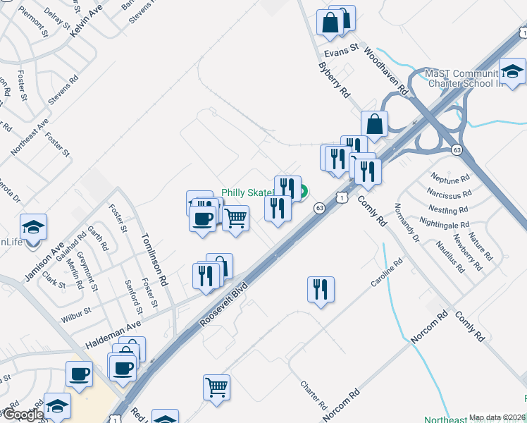map of restaurants, bars, coffee shops, grocery stores, and more near 102 Plaza Drive in Philadelphia