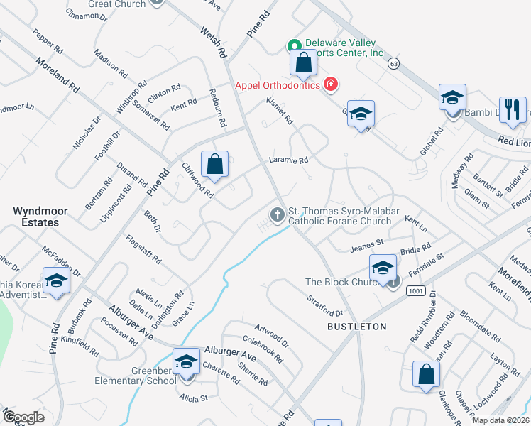 map of restaurants, bars, coffee shops, grocery stores, and more near 9287 Darlington Road in Philadelphia
