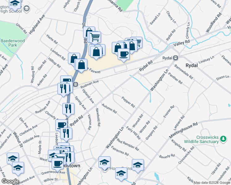 map of restaurants, bars, coffee shops, grocery stores, and more near 931 Rydal Road in Rydal