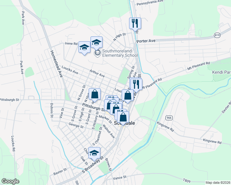 map of restaurants, bars, coffee shops, grocery stores, and more near 215 North Chestnut Street in Scottdale