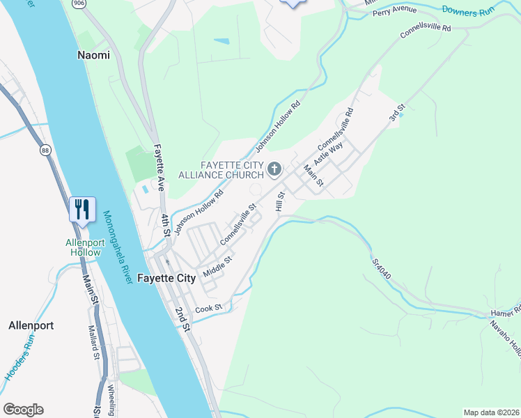 map of restaurants, bars, coffee shops, grocery stores, and more near 190 Connellsville St in Fayette City