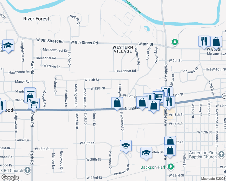 map of restaurants, bars, coffee shops, grocery stores, and more near 2800 West 12th Street in Anderson