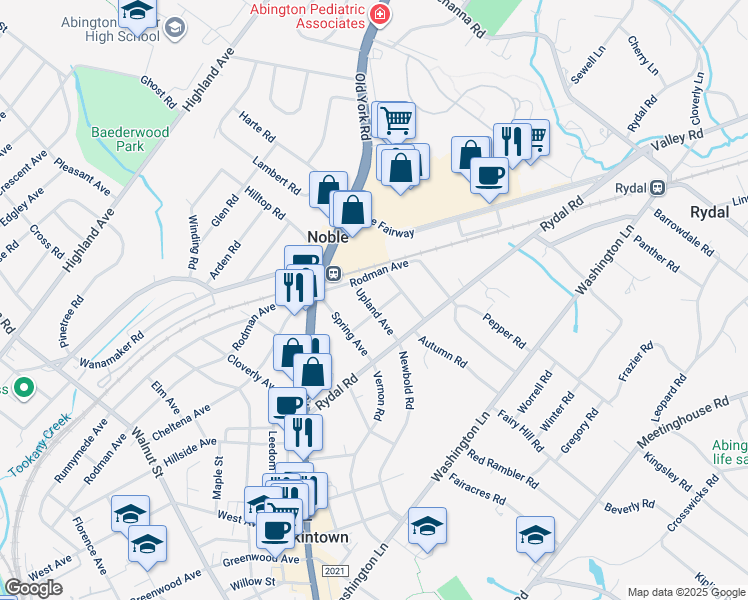 map of restaurants, bars, coffee shops, grocery stores, and more near 1609 Upland Avenue in Jenkintown