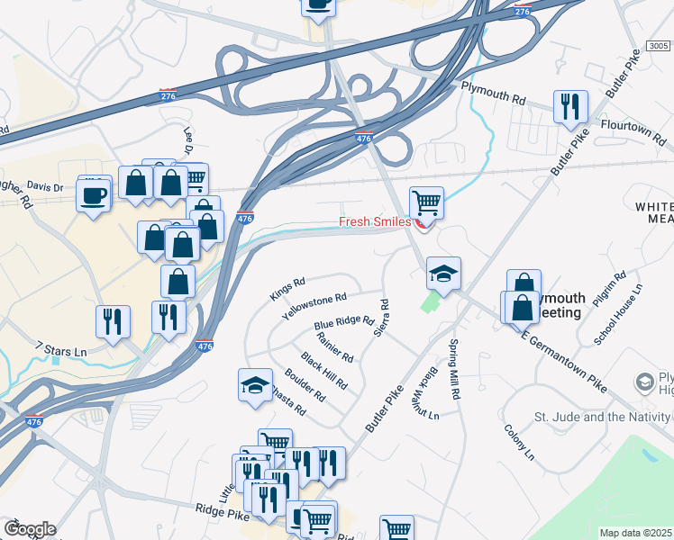 map of restaurants, bars, coffee shops, grocery stores, and more near 110 Kings Road in Plymouth Meeting