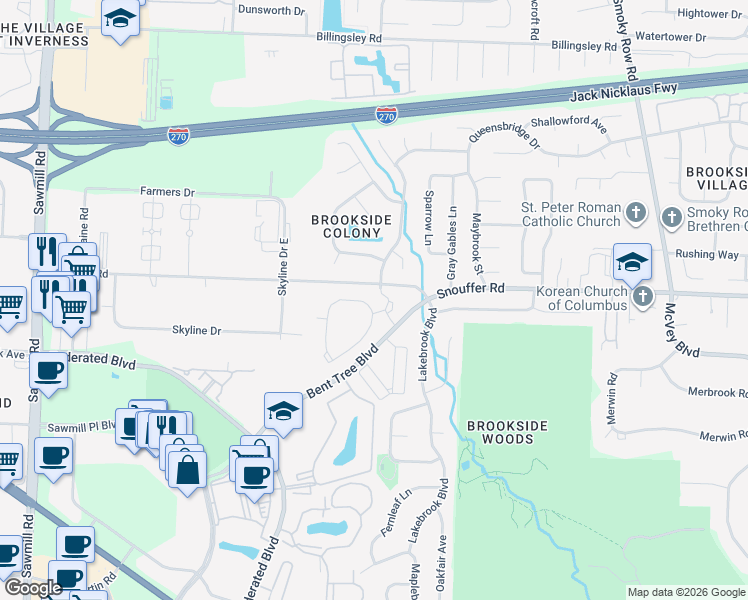 map of restaurants, bars, coffee shops, grocery stores, and more near 2116 Bentwood Circle in Columbus