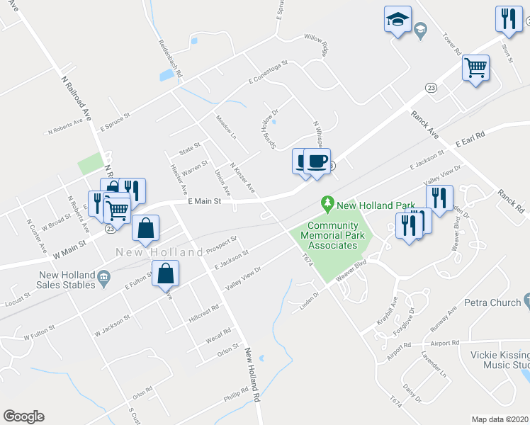 map of restaurants, bars, coffee shops, grocery stores, and more near 5 Colonial Park in New Holland