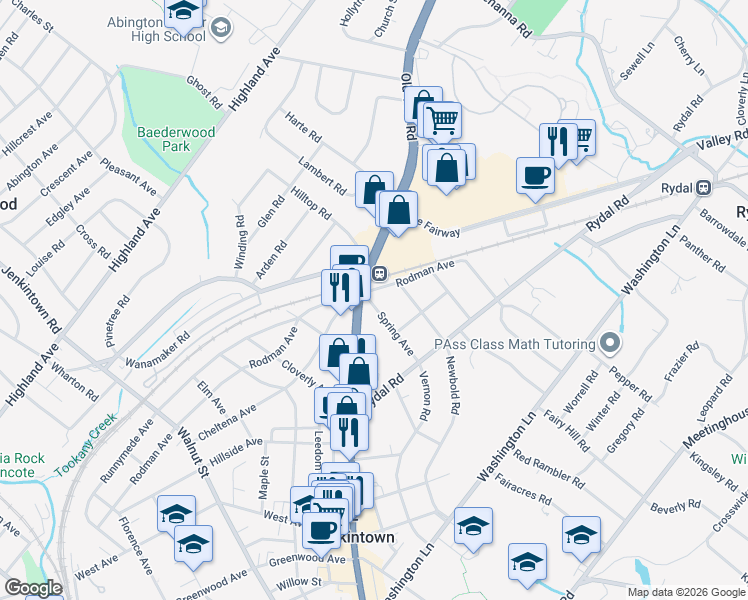 map of restaurants, bars, coffee shops, grocery stores, and more near 781 Rodman Avenue in Jenkintown