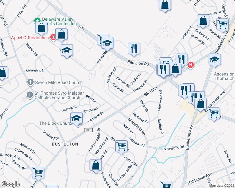 map of restaurants, bars, coffee shops, grocery stores, and more near 851 Medway Road in Philadelphia