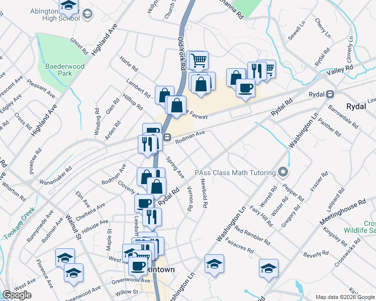 map of restaurants, bars, coffee shops, grocery stores, and more near 1619 Upland Avenue in Jenkintown