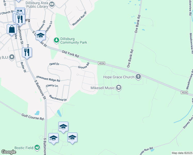 map of restaurants, bars, coffee shops, grocery stores, and more near Park Avenue in Dillsburg