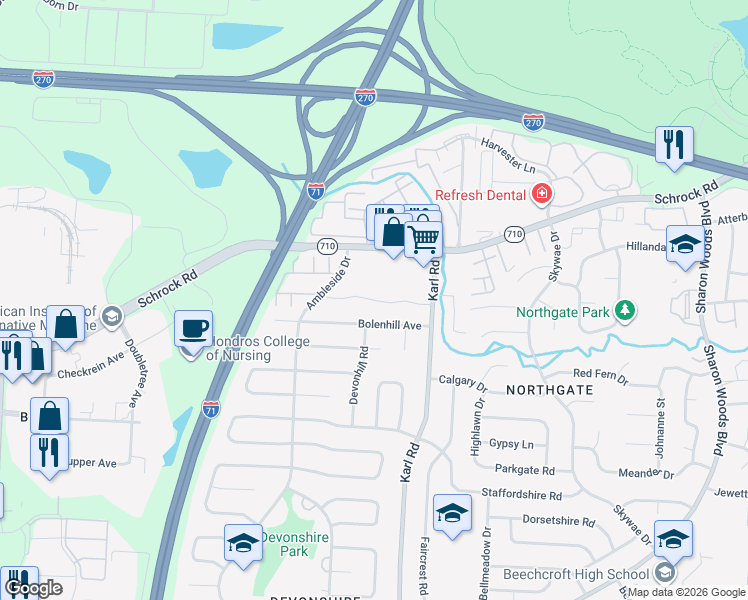 map of restaurants, bars, coffee shops, grocery stores, and more near 1541 Barnes Drive East in Columbus
