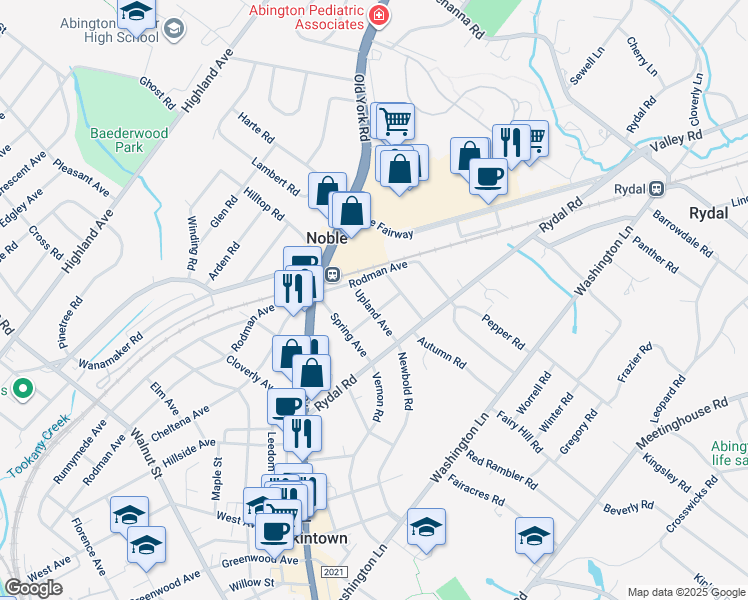 map of restaurants, bars, coffee shops, grocery stores, and more near 1609 Upland Avenue in Jenkintown