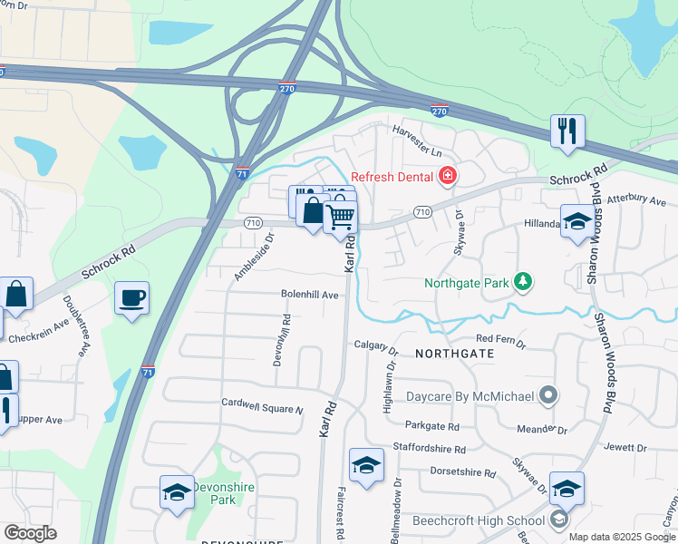 map of restaurants, bars, coffee shops, grocery stores, and more near 1544 Barnes Drive East in Columbus