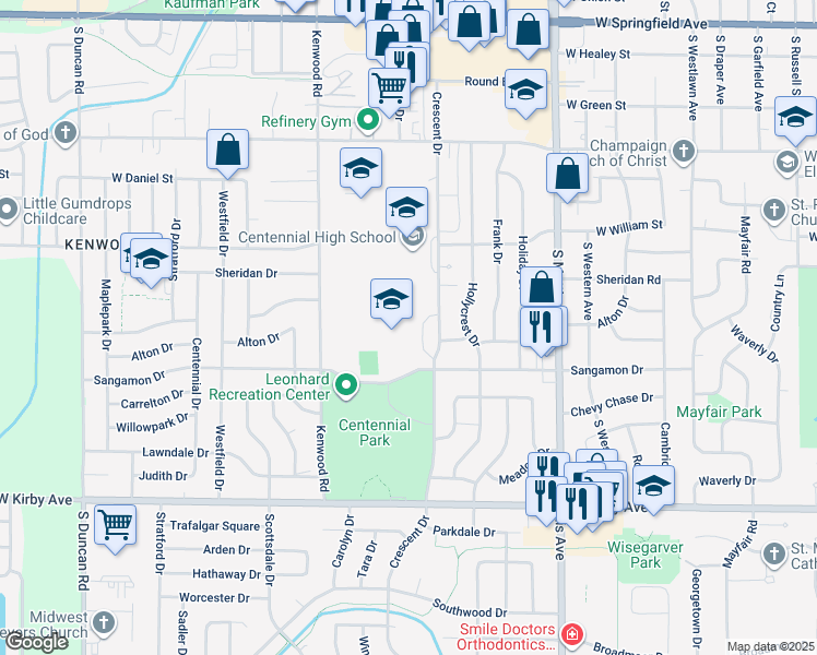 map of restaurants, bars, coffee shops, grocery stores, and more near 1115 Crescent Drive in Champaign