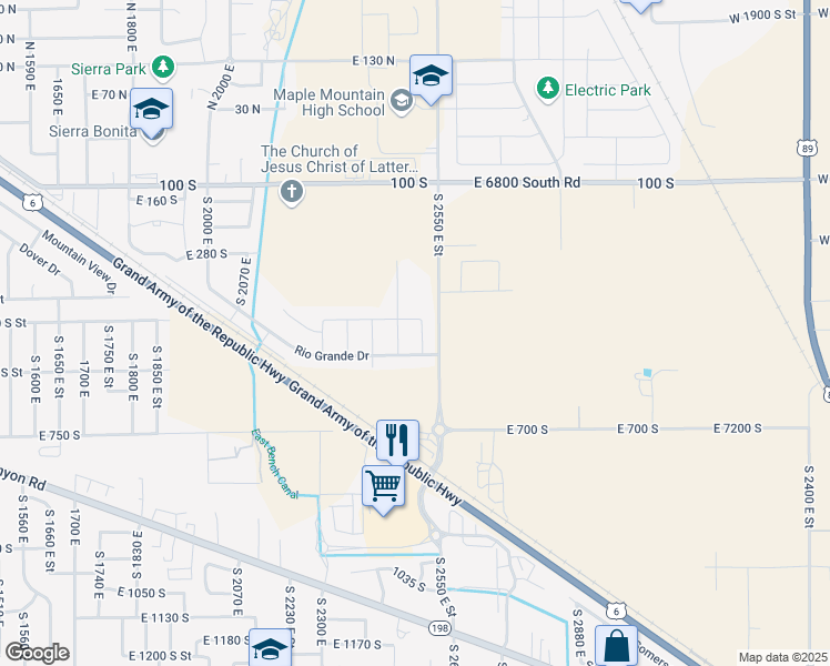 map of restaurants, bars, coffee shops, grocery stores, and more near 452 South 2500 East in Spanish Fork