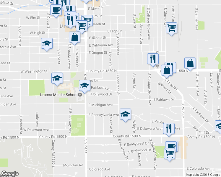 map of restaurants, bars, coffee shops, grocery stores, and more near 546 East Fairlawn Drive in Urbana