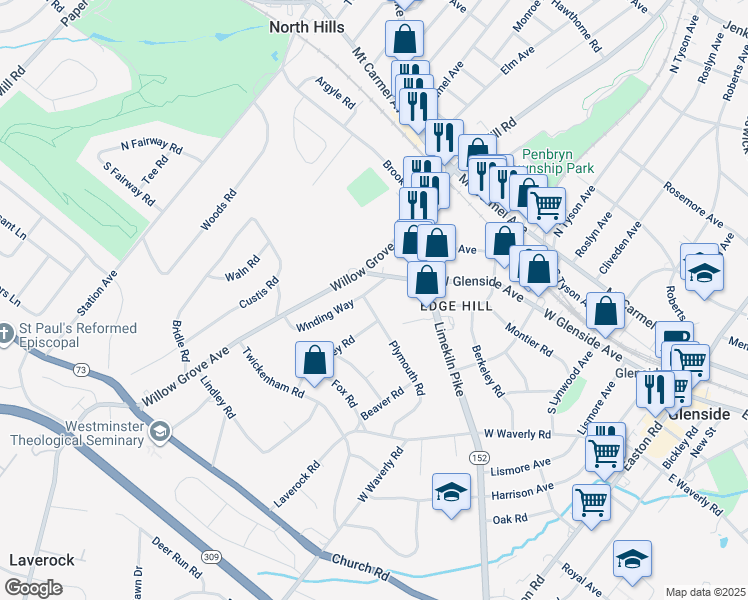 map of restaurants, bars, coffee shops, grocery stores, and more near 447 Plymouth Road in Glenside