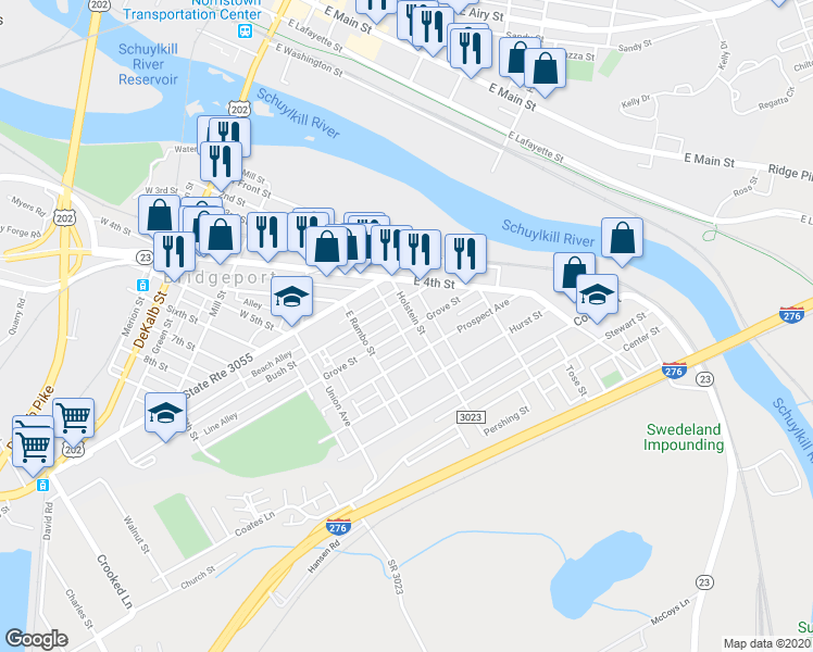 map of restaurants, bars, coffee shops, grocery stores, and more near 222 Holstein Street in Bridgeport
