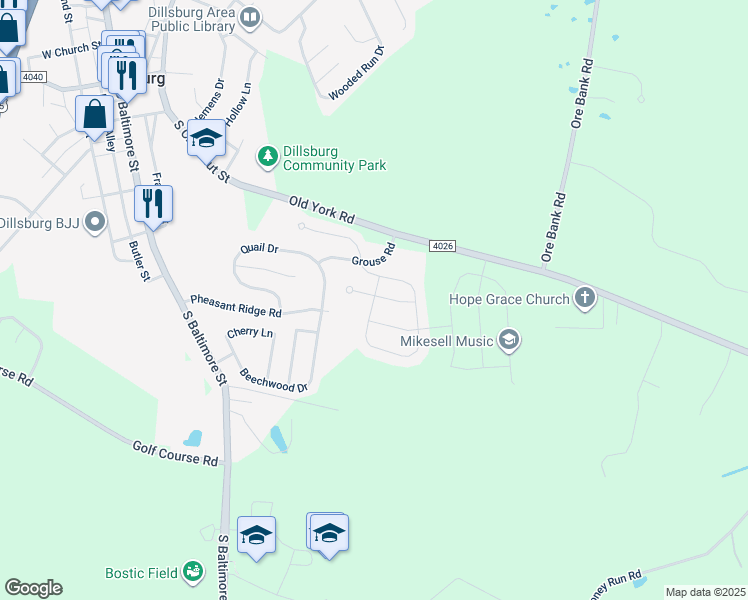 map of restaurants, bars, coffee shops, grocery stores, and more near Park Avenue in Dillsburg
