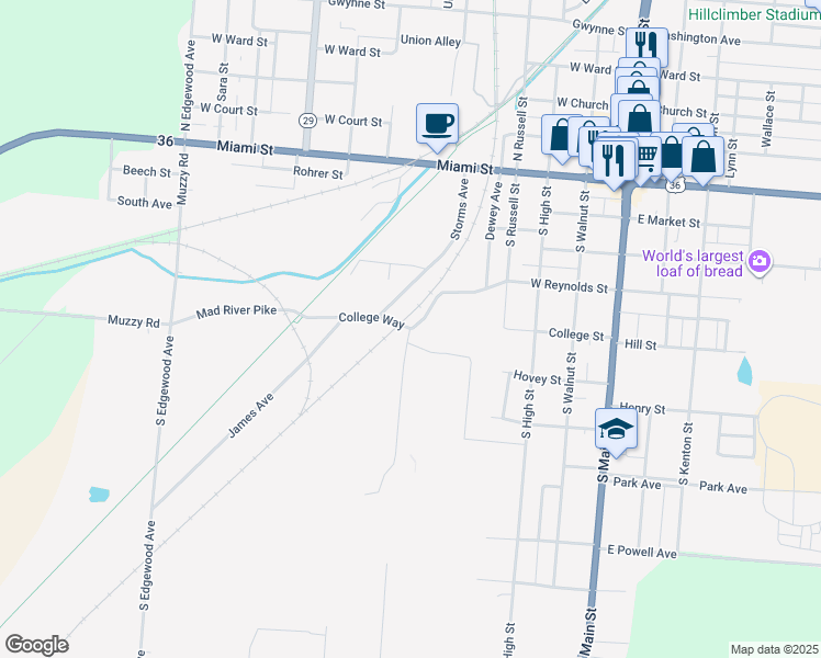 map of restaurants, bars, coffee shops, grocery stores, and more near College Way in Urbana