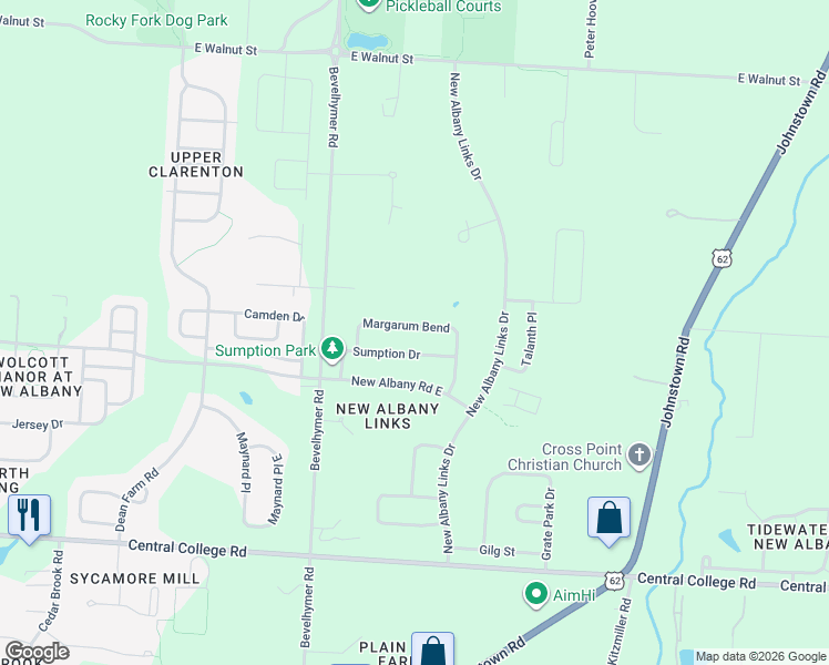 map of restaurants, bars, coffee shops, grocery stores, and more near 6885 Margarum Bend in New Albany