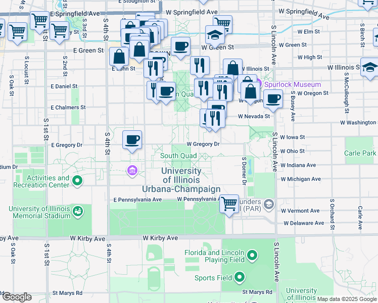 map of restaurants, bars, coffee shops, grocery stores, and more near 1301 West Gregory Drive in Champaign