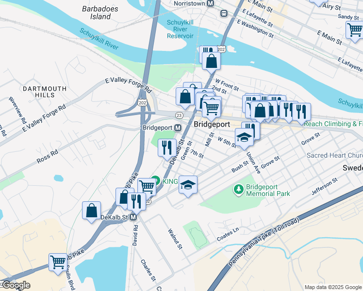 map of restaurants, bars, coffee shops, grocery stores, and more near 612 DeKalb Street in Bridgeport